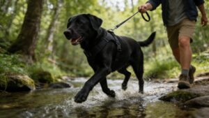 outdoor dog gear on forest trail walk
