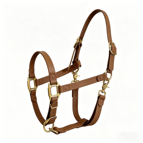 Brown waterproof PVC horse halter with brass hardware on a horse