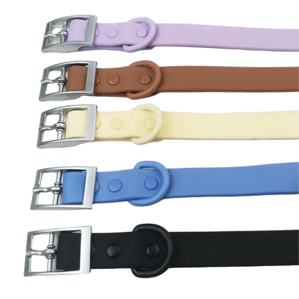 PVC Dog Collar Hardware Options Flat lay waterproof PVC dog collars with multiple hardware finishes