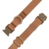 flat lay khaki waterproof PVC dog collar hardware and strap detail