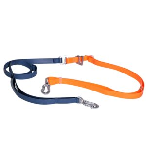 Navy blue and orange waterproof PVC dog leash with dual hooks