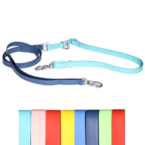 Waterproof PVC multi-function dog leashes in multiple two-tone color combinations with aviation aluminum hardware
