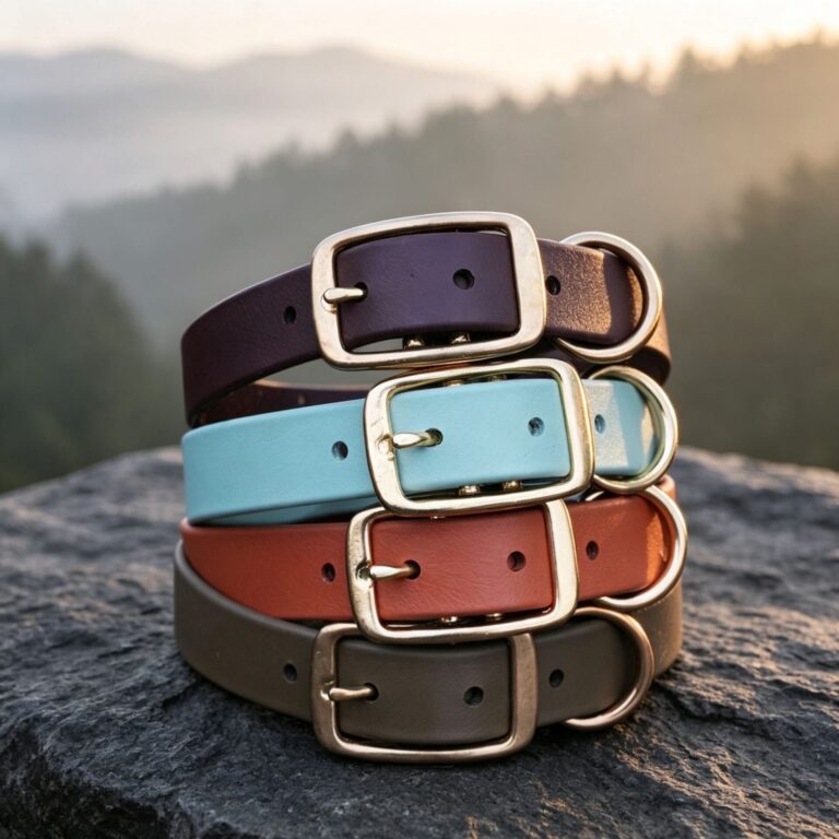 Colorful waterproof dog collars in orange, green, brown, navy and pastel colors for pet brands