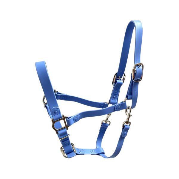 Blue waterproof PVC horse halter with zinc alloy hardware