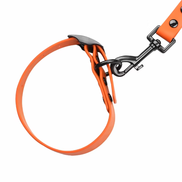 Orange waterproof PVC dog leash paired with matching dog collar