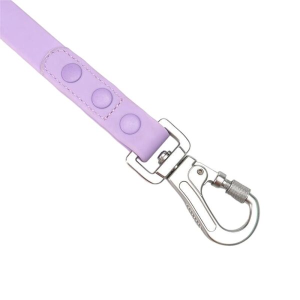 Silver hardware connection detail on purple PVC dog leash