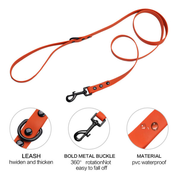 Detailed view of orange waterproof PVC dog leash construction and black hardware