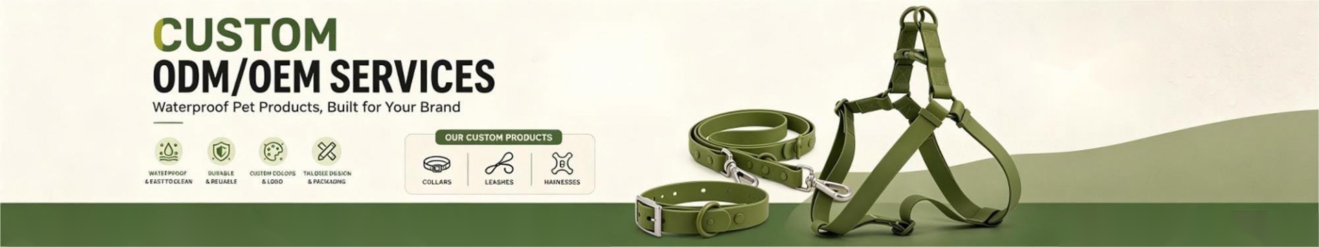 Custom OEM ODM waterproof dog collars, leashes and harnesses for pet brands