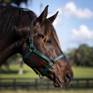 Brown horse wearing a green waterproof PVC horse halter with metal fittings